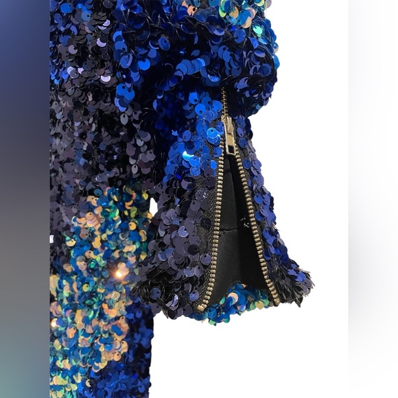 Fashion Nova Blue and Gold Sequin Mini Dress Long Sleeve Size Medium - Picture 3 of 5